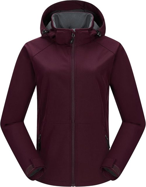Women's Waterproof Softshell Jacket with Removable Hood Lightweight Fleece Lined Warm Insulated Rain Windbreaker
