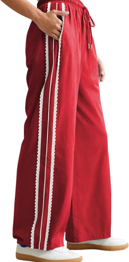 Women's Wide Leg Sweatpants Side Stripe Crochet Slip on Drawstring Casual Running Track Palazzo Pants with Pockets
