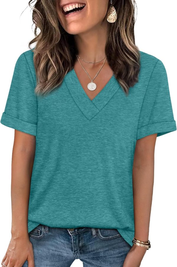 Womens Summer Tops Short Sleeve Basic Casual V Neck T Shirts Trendy Fashion 2026