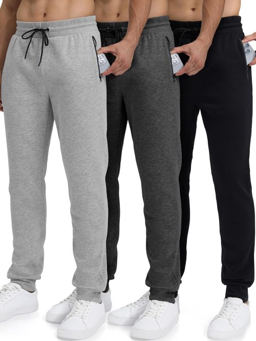 Sweatpants for Men Fleece 3 Pack Joggers Gym Workout Athletic Track Mens Sweat Pants Cotton with Zipper Pockets