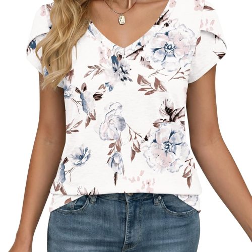 WNEEDU Womens T Shirts Petal Sleeve V Neck Casual Tees Summer Basic Tops