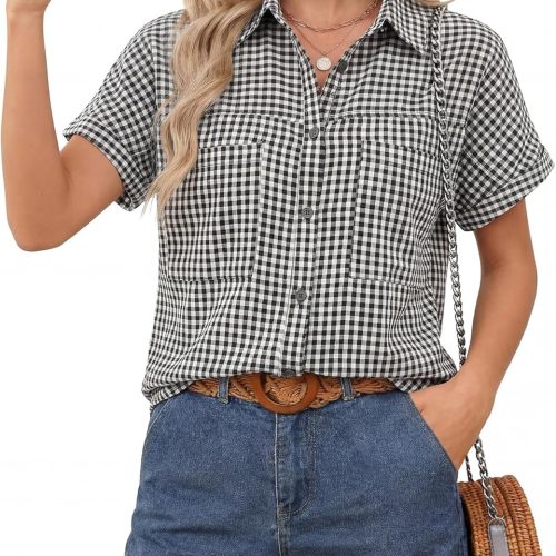 Button Down Shirt for Women Short Sleeve Blouses Dressy Casual Business Work Summer Vacation Tops Hawaii Shirts with Pockets