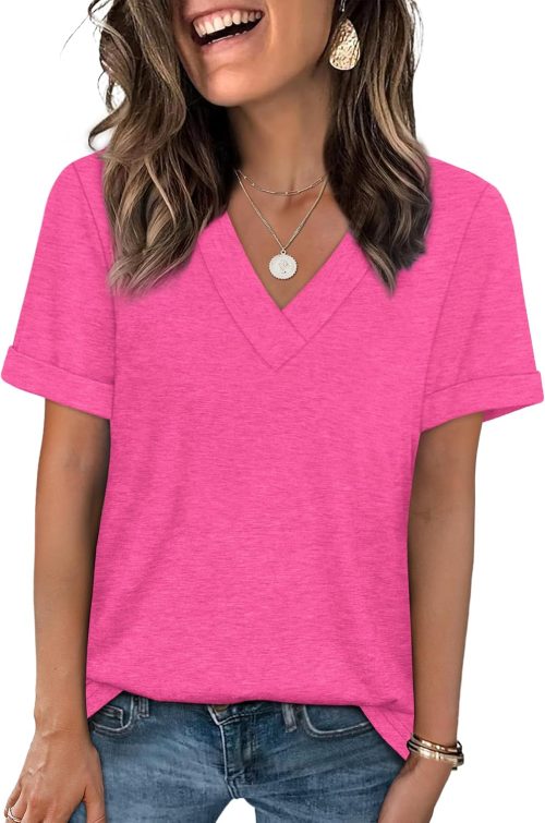 Womens Summer Tops Short Sleeve Basic Casual V Neck T Shirts Trendy Fashion 2026