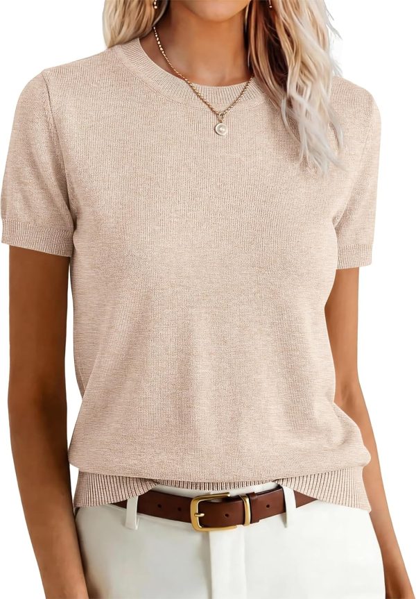 Womens Short Sleeve Sweaters Wool Blend Crew Neck Sweater Shirts Business Casual Work Tops 2026 Summer Outfits