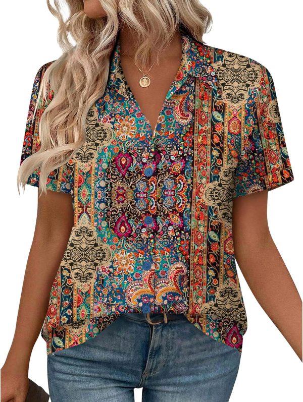 Womens Button Down Blouse Rolled Cuffed Short Sleeve Shirts Casual Work Blouse Summer Hawaiian Outfits
