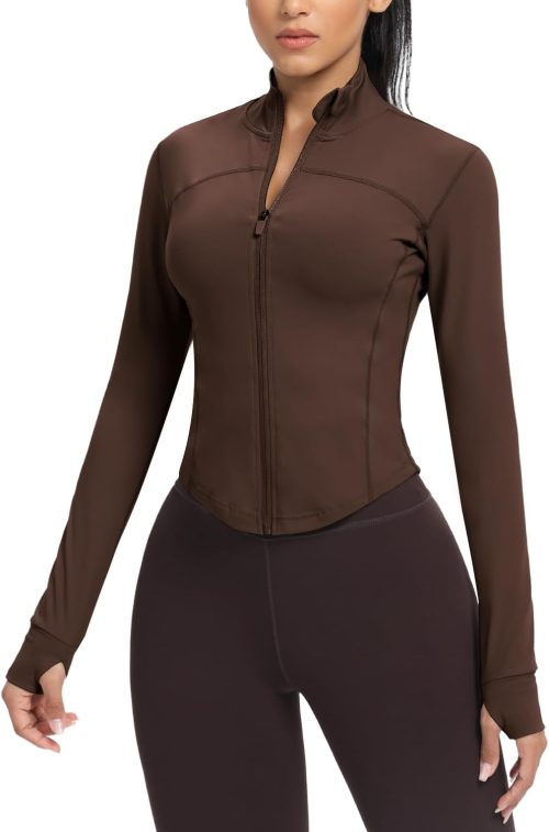 Women's Cropped Running Workout Jackets Zip Slim Fit Athletic Tops with Thumb Holes