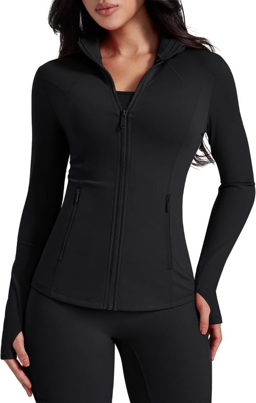 Womens Workout Jackets Lightweight Athletic Zip Up Jacket Slim Fit Running Gym Top with Pockets & Thumb Holes