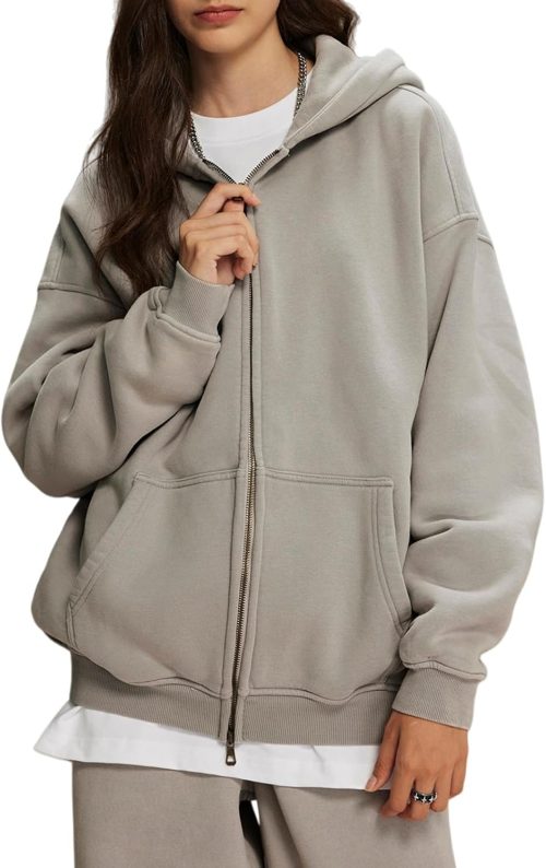 Mens Womens Fleece Double Zip Up Hoodies Oversized Acid Wash Vintage Heavyweight Sweatshirt Hooded Jacket
