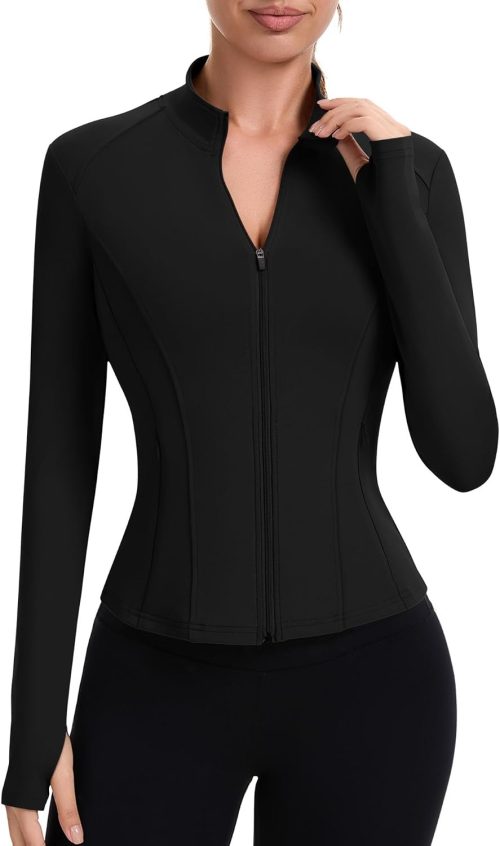 Workout Jackets for Women Full Zip Up Cropped Athletic Long Sleeve Lightweight Slim Fit Running Tops with Pockets