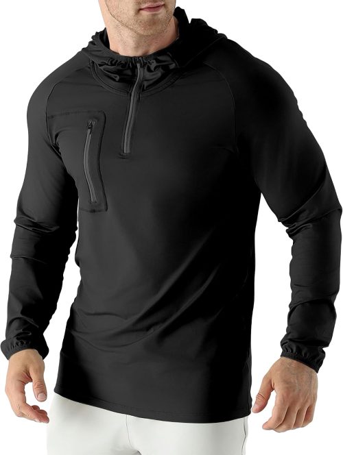 Mens Quarter Zip Running Hoodie Sweatshirts,Lightweight Workout Pullover Jacket with Pockets