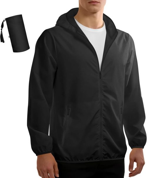 Men‘s UPF 50+ Long Sleeve Full Zip Light Jacket, UV Protection Sun Shirts with Hoodie, Fishing, Hiking, Athletic