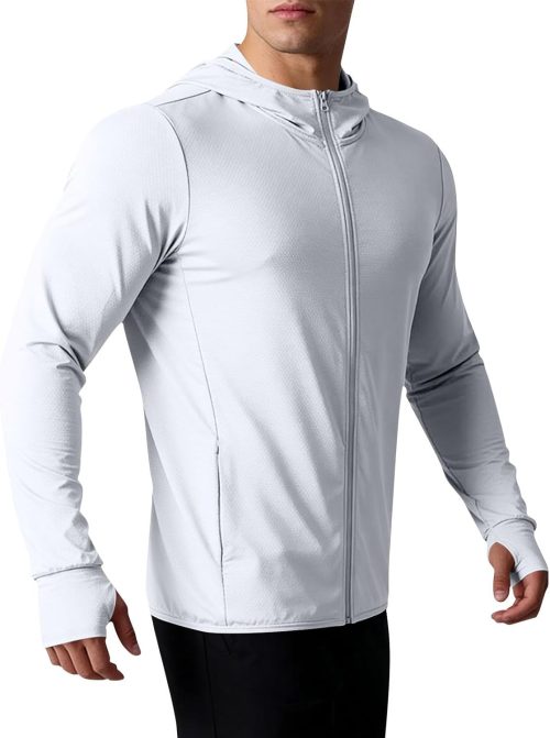 Mens Fishing Hoodie Long Sleeve Full Zip Uv Protection Jacket Lightweight Hiking Athletic Sun Shirt with Thumbholes